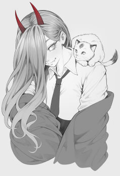 1girl animal animal_on_shoulder cat chainsaw_man cheshirrr commentary cropped_legs cross-shaped_pupils demon_horns dress_shirt english_commentary eye_contact fangs fangs_out greyscale hair_over_one_eye highres horns jacket jacket_partially_removed long_hair looking_at_another loose_necktie meowy_(chainsaw_man) monochrome necktie one_eye_covered open_collar power_(chainsaw_man) shirt shirt_tucked_in sideways_glance simple_background smile spot_color symbol-shaped_pupils very_long_hair