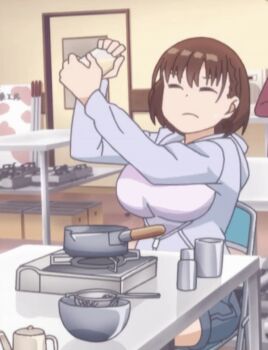 1girl ai-chan_(tawawa) animated animated_gif bouncing_breasts breast_press breasts brown_hair closed_eyes getsuyoubi_no_tawawa jewelry large_breasts necklace shake shaker sitting solo sweater zipper