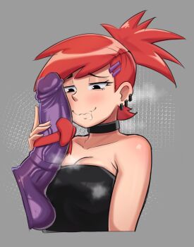 1girl absurdres armpit_crease asymmetrical_bangs asymmetrical_hair bare_shoulders black_choker black_dress blush bow breasts choker cropped_torso dildo dress earrings foster's_home_for_imaginary_friends frankie_foster grey_background hair_ornament hairclip highres horse_dildo huge_dildo jewelry medium_breasts ponytail red_bow red_hair saliva sex_toy simple_background solo sooradraws strapless strapless_dress