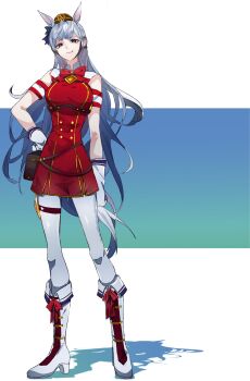 1girl animal_ears armband belt_pouch black_skirt boots bow bowtie breasts brown_hat buttons commentary_request dress ear_bow full_body gloves gold_ship_(red_strife)_(umamusume) gold_ship_(umamusume) grey_hair grin hat high_heel highres horse_ears horse_girl horse_tail ikurauni large_breasts leggings long_hair looking_at_viewer pillbox_hat pleated_skirt pouch purple_eyes red_bow red_bowtie red_dress shadow shirt skirt sleeveless sleeveless_dress smile solo standing striped_clothes striped_shirt tail umamusume very_long_hair white_boots white_gloves white_leggings