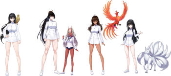 5girls absurdres ahoge animal animal_on_shoulder arms_at_sides bird black_hair blonde_hair blue_sailor_collar breasts brown_eyes colored_skin dark-skinned_female dark_skin demon_girl earrings epaulettes falcon full_body hand_on_own_hip highres horns jacket jewelry kitsune long_hair looking_at_viewer medium_breasts military_jacket multiple_girls multiple_tails mytea_(soso) no_pants original phoenix pointy_ears red_skin sailor_collar sailor_shirt shirt standing strike_witches striker_unit tail tassel tassel_earrings toned toned_female very_long_hair white_background white_shirt world_witches_series yellow_eyes