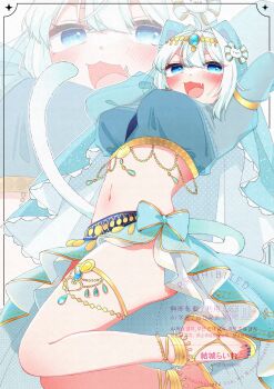 1girl absurdres animal_ears anklet blue_eyes blush breasts cat_tail dancer fang fishnets highres jewelry long_sleeves looking_at_viewer maimai_(game) midriff milk_(maimai) nail_polish navel open_mouth piercing see-through_clothes see-through_sleeves short_hair smile solo tail toenail_polish toenails watermark white_hair yuki_lime