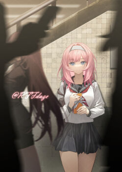 2girls alternate_costume artist_name black_skirt blue_eyes blue_sailor_collar breasts elysia_(honkai_impact) hair_ornament hairband highres holding honkai_(series) honkai_impact_3rd large_breasts long_hair multiple_girls neckerchief pink_hair purple_pupils red_neckerchief rff_(3_percent) sailor_collar school_uniform serafuku skirt smile solo_focus thighs very_long_hair white_hairband white_serafuku