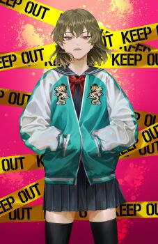 1girl absurdres aegyo_sal black_serafuku black_skirt black_thighhighs blackbox_(blackbox9158) bob_cut brown_hair caution_tape character_request coat cowboy_shot dragon_print green_coat hand_in_pocket highres idolmaster keep_out looking_at_viewer neck_ribbon purple_eyes ribbon school_uniform serafuku serious sidelocks skirt solo standing thighhighs zettai_ryouiki