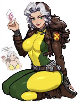 1boy 1girl blushyspicy bodysuit bra breasts brown_hair colored_bangs commentary english_commentary gambit gloves green_bodysuit green_eyes jacket large_breasts long_hair looking_at_viewer marvel marvel_rivals meme mexico_ufo_alien_bodies_hearing_(meme) multicolored_bodysuit multicolored_hair rogue_(x-men) smile superhero_costume two-tone_bodysuit two-tone_hair underwear white_hair x-men yellow_bodysuit