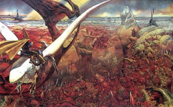 1boy armor battle cape creature fantasy floating_cape from_behind gold_armor holding holding_reins moebius monster original outdoors people plant polearm pterosaur reins riding rock rope saddle scenery sitting sky soldier spear war weapon wide_shot yellow_cape