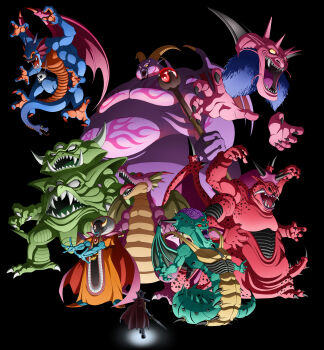 Rule 34 | 6+boys, absurdres, armor, bat wings, black background, black sclera, blue skin, brain, cape, colored sclera, colored skin, commentary request, death pisaro, disembodied hand, dragon, dragon lord, dragon quest, dragon quest i, dragon quest ii, dragon quest iii, dragon quest iv, dragon quest v, dragon quest vi, dragon quest vii, dragon quest viii, erdrick's sword, exposed brain, extra arms, facial hair, fake horns, fingernails, fins, floating head, head fins, helmet, hero (dq1), highres, holding, holding staff, holding sword, holding weapon, horned helmet, horns, jewelry, kamakiri, mildrath, monster, monster focus, mortamor, multiple boys, necklace, no humans, no pupils, open mouth, orange robe, orgo demira, pink cape, pointy ears, red cape, red sclera, rhapthorne, robe, sharp fingernails, sharp teeth, sidoh, skull necklace, snake tail, spikes, staff, sword, tail, teeth, third eye, tongue, tongue out, weapon, wings, yellow sclera, zoma