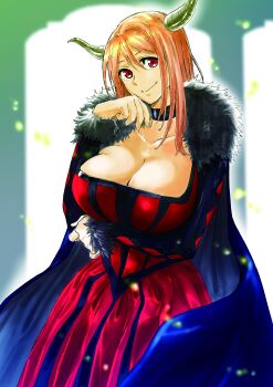 1girl absurdres arm_under_breasts black_cape black_choker breasts cape choker cleavage demon_girl demon_horns dress fur-trimmed_cape fur_trim hair_between_eyes head_tilt highres horns huge_breasts kudou_masashi long_dress maou_(maoyuu) maoyuu_maou_yuusha orange_hair red_dress red_eyes signature smile solo