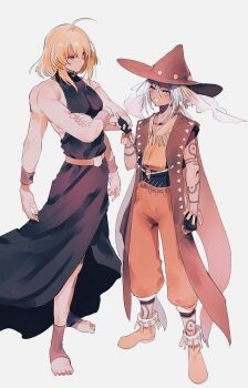 2boys absurdres ahoge arm_tattoo belt belt_buckle black_gloves black_robe blonde_hair blue_eyes boots bracelet brown_belt brown_boots brown_hat buckle claus_f._lester closed_mouth crossed_arms extra_ears facial_mark fingerless_gloves full_body gloves grey_hair hair_between_eyes hat highres jewelry long_hair looking_at_another male_focus multiple_boys nancykittyu necklace open_mouth orange_pants origin_(tales) pants ponytail red_eyes robe simple_background sleeveless_robe smile tales_of_(series) tales_of_phantasia tattoo white_background wristband