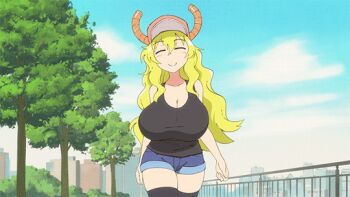 1girl ^_^ animated animated_gif bad_id bad_tumblr_id baseball_cap blonde_hair blue_sky blush bouncing bouncing_breasts breasts cleavage closed_eyes cloud cloudy_sky day denim denim_shorts dragon_girl female_focus fence flou_(flou_art) hat huge_breasts kobayashi-san_chi_no_maidragon large_breasts long_hair lucoa_(maidragon) outdoors plant shorts sky smile solo tank_top thighhighs tree upper_body