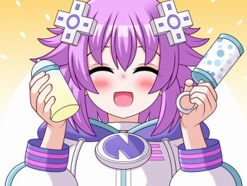 1girl absurdres baby_bottle blush bottle choker commentary d-pad d-pad_hair_ornament drawstring emblem hair_ornament highres holding holding_rattle hood hoodie meruruto neptune_(neptunia) neptune_(series) open_mouth purple_hair rattle short_hair sidelocks smile solo white_choker