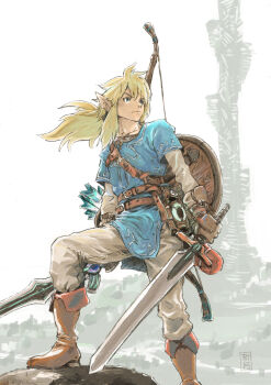 1boy blonde_hair blue_eyes blue_tunic boots bow_(weapon) brown_boots brown_gloves champion's_tunic_(zelda) commentary_request dual_wielding frown gloves highres holding holding_sword holding_weapon li_(lithium0522) link long_hair looking_to_the_side male_focus nintendo pointy_ears ponytail serious sheikah_slate shield shield_on_back solo sword the_legend_of_zelda the_legend_of_zelda:_breath_of_the_wild tunic v-shaped_eyebrows weapon