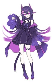 1girl :d black_dress black_jacket boots cable cable_tail commentary_request dress full_body gradient_hair hair_between_eyes hair_ornament hand_up head_tilt headgear hijiri_(resetter) horns jacket juliet_sleeves long_hair long_sleeves mechanical_tail multicolored_hair nayuta_(hijiri) off_shoulder open_clothes open_jacket open_mouth original pleated_dress puffy_sleeves purple_boots purple_eyes purple_hair simple_background smile solo standing star_(symbol) star_hair_ornament tail very_long_hair white_background wide_sleeves