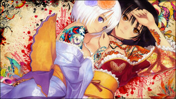 2girls animal_print arm_tattoo back_tattoo bare_shoulders between_breasts black_hair blue_eyes breast_press breast_tattoo breasts brown_eyes fingernails fire_print fish_print graffiti hug ink japanese_clothes kimono light_blush looking_at_viewer medium_breasts multiple_girls sharp_fingernails short_hair shoulder_tattoo smile taka_tony tattoo white_hair