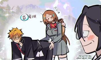 1boy 2girls black_hair bleach english_text inoue_orihime kuchiki_rukia kurosaki_ichigo long_hair multiple_girls orange_hair short_hair tagme