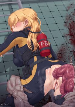Rule 34 | 1girl, 1other, anus, artist name, ass, ass focus, black bodysuit, blonde hair, blush, bodysuit, breasts, capcom, censored, cum, cum in pussy, cumdrip, facing viewer, feet out of frame, from behind, grabbing another's thigh, hair over eyes, harness, highres, huge ass, indoors, large breasts, large variant set, lips, long hair, malkior--x, monster, mosaic censoring, multicolored bodysuit, other with female, oxygen tank, paid reward available, parted lips, pussy, rachael foley, resident evil, resident evil: revelations, teeth, thick thighs, thighs, torn bodysuit, torn clothes, two-tone bodysuit, variant set, yellow bodysuit