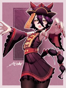 1girl a4_(a4_eishi) absurdres adagumo_no_saragimaru alternate_hairstyle animal_ears armpits black_hair black_hat black_pantyhose black_shirt black_skirt bow braided_tail detached_sleeves donut_hair_bun fang fingernails flat_chest frilled_sleeves frills hair_between_eyes hair_bun hat high-waist_skirt highres horse_ears horse_girl horse_tail manhattan_cafe_(umamusume) nail_polish ofuda ofuda_on_head open_mouth outstretched_arms pantyhose pleated_skirt qingdai_guanmao red_bow red_nails sharp_fingernails shirt short_hair signature skirt solo tail umamusume zombie_pose