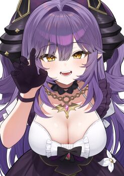 Rule 34 | 1girl, absurdres, beard, black bow, black gloves, black horns, black skirt, blush, bow, breasts, cleavage, colored skin, commentary request, cowboy shot, detached sleeves, dragon girl, dragon horns, facial hair, gloves, hair between eyes, hair intakes, hand up, highres, horns, huhe 01, korean commentary, large breasts, long beard, pointy ears, sakihane huya, shirt, shirt bow, short sleeves, skirt, sleeveless, sleeveless shirt, slit pupils, solo, stellive, virtual youtuber, white skin, yellow eyes