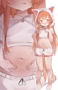1girl :3 absurdres animal_hood belly blush cat_hood crop_top cropped_hoodie danphyy double-parted_bangs fang front-tie_shorts full_body groin highres hood hoodie horse_girl loli long_hair looking_at_viewer mayano_top_gun_(umamusume) multiple_views navel navel_focus no_nose open_mouth orange_eyes pink_trim short_sleeves shorts sidelocks simple_background skin_fang stomach_focus tail tongue tongue_out umamusume very_long_hair white_background white_shorts zoom_layer