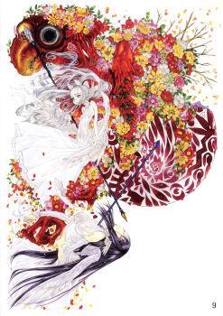 Rule 34 | 2girls, absurdres, bare shoulders, bird, black hair, breasts, closed eyes, dress, flower, full body, highres, holding, holding polearm, holding weapon, large breasts, long hair, mahou shoujo (raita), multiple girls, nakamura hirofumi, petals, polearm, sasaki kotone, scan, small breasts, suzuhara misae, traditional media, weapon, white dress, white hair