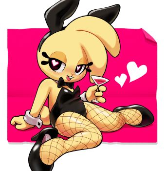 alcohol animal_ears blush cup eyelashes fishnet_thighhighs fishnets flat_chest gato_del_futuro headband heart heart-shaped_pupils high_heels highres holding holding_cup open_mouth original playboy_bunny rabbit_ears simple_background sitting symbol-shaped_pupils thighhighs tipsy wine yellow_fur