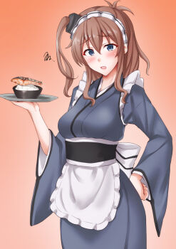 1girl alternate_costume anti_(untea9) apron blue_eyes blue_kimono breasts brown_hair cowboy_shot enmaided fish_(food) hair_between_eyes high_side_ponytail highres japanese_clothes kantai_collection kimono large_breasts long_hair maid maid_headdress obi pink_background ponytail rice salmon saratoga_(kancolle) sash side_ponytail tray wa_maid waist_apron waitress