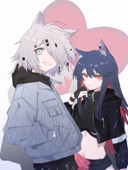 2girls absurdres alternate_hair_length alternate_hairstyle animal_ear_fluff animal_ear_piercing animal_ears arknights axiuya black_jacket black_shirt blue_jacket chinese_commentary closed_mouth colored_inner_hair commentary_request cowboy_shot crop_top cropped_jacket cropped_shirt grey_eyes grey_hair grin hair_between_eyes hair_ornament hair_over_one_eye hairclip hand_in_pocket hand_up heart highres hood hood_down hooded_jacket jacket lappland_(ambience_synesthesia)_(arknights) lappland_(arknights) long_sleeves looking_at_viewer making-of_available midriff multicolored_hair multiple_girls navel one_eye_covered open_clothes open_jacket purple_hair red_eyes red_hair shirt short_hair smile standing texas_(ambience_synesthesia)_(arknights) texas_(arknights) turtleneck turtleneck_shirt wolf_ears wolf_girl