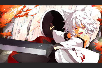 Rule 34 | 1girl, animal ears, detached sleeves, female focus, inubashiri momiji, kokutei n, letterboxed, open mouth, red eyes, shield, silver hair, solo, sword, touhou, weapon, wolf ears