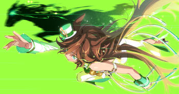 1girl animal_ears blue_eyes blush brown_hair commentary_request eye_trail from_above hair_between_eyes hair_ornament hairclip hat horse horse_ears horse_girl horse_tail jacket light_trail long_hair long_sleeves mini_hat mini_top_hat mr._c.b._(clear_bliss)_(umamusume) mr._c.b._(racehorse) mr._c.b._(umamusume) pants running shadow shirt single_sleeve single_wrist_cuff smile tail taromarun top_hat umamusume white_jacket white_pants wrist_cuffs