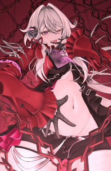 1girl absurdres black_gloves bow chain frills fuji4o gloves hair_intakes hand_on_own_stomach highres hip_bones honkai_(series) honkai_impact_3rd jacket long_hair long_sleeves navel one_eye_closed purple_bow purple_eyes red_jacket red_ribbon ribbon short_shorts shorts solo stomach thelema_nutriscu thelema_nutriscu_(mad_pleasure:_shadowbringer) tongue tongue_out white_hair