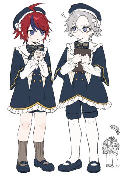 2boys ? aged_down ahoge alternate_costume aotsuki_eito bib_collar blue_bow blue_bowtie blue_eyes blue_hair blue_hat blue_shirt blue_shoes blue_shorts book bow bowtie brown_socks buttons commentary_request frilled_shirt_collar frilled_sleeves frills full_body glasses grey_hair hat hat_bow highres holding holding_book layered_sleeves long_sleeves male_focus mary_janes multicolored_hair multiple_boys open_mouth original own_hands_clasped own_hands_together pale_skin pantyhose red_hair shirt shoes short_hair short_over_long_sleeves short_sleeves shorts sieg_gs simple_background socks squiggle streaked_hair striped_bow striped_bowtie striped_clothes striped_socks sumino_takumi translation_request two-tone_hair vertical-striped_clothes vertical-striped_socks white_background white_bow white_pantyhose