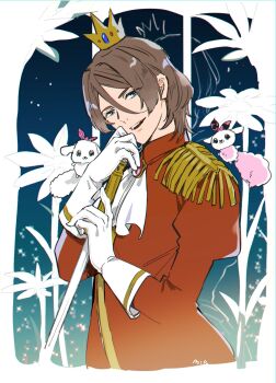 1boy ascot blue_eyes brooch brown_hair commentary_request crown epaulettes gloves hair_between_eyes highres holding holding_scepter jewelry king_of_prism long_sleeves looking_at_viewer male_focus mikrmc norizuki_jin open_mouth plant pretty_rhythm pretty_series scepter short_hair smile solo squirrel upper_body white_ascot white_gloves