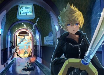 Rule 34 | 1girl, 3boys, black coat (kingdom hearts), black gloves, blonde hair, blue eyes, blue sky, brick wall, brown hair, camouflage, camouflage pants, cloud, cloudy sky, commentary request, day, english text, food, foreshortening, gloves, green shirt, hallway, hand up, hayner, heart, highres, holding, holding food, holding ice cream, holding weapon, hood, hood down, hooded coat, ice cream, indoors, kawame626, keyblade, kingdom hearts, kingdom hearts 358/2 days, long coat, magic, male focus, medium hair, multiple boys, olette, orange shirt, pants, parted lips, pence, red shirt, roxas, running, screen, shirt, short hair, sign, sky, sleeveless, sleeveless shirt, sparkle, spiked hair, weapon, zipper