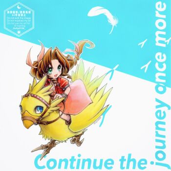 1girl aerith_gainsborough artist_name bird bird_footprints blue_eyes boots braid braided_ponytail breasts brown_boots brown_hair center_opening chibi chibi_only chocobo choker cleavage commentary_request cropped_jacket dress falling_feathers feathers final_fantasy final_fantasy_vii green_eyes hair_ribbon highres holding holding_reins hori_wo jacket long_dress long_hair medium_breasts open_mouth parted_bangs pink_dress pink_ribbon puffy_short_sleeves puffy_sleeves red_jacket reins ribbon ribbon_choker riding riding_bird short_sleeves sidelocks silver_bangle single_braid smile twitter_username