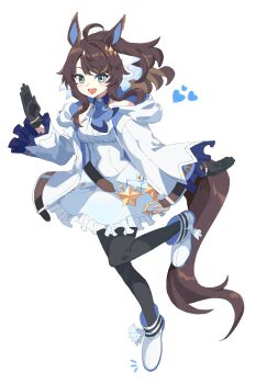 1girl animal_ears babie black_hair blue_eyes blush breasts commentary_request daring_tact_(umamusume) gloves heart highres horse_ears horse_tail jacket looking_at_viewer medium_breasts necktie open_mouth shoes solo standing standing_on_one_leg tail umamusume waving white_background