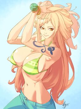 1girl arm_tattoo armpit_peek bangle bare_shoulders bikini bikini_top_only blue_pants blue_sky bracelet breasts brown_eyes cleavage closed_mouth commentary cowboy_shot denim green_bikini halterneck hands_in_own_hair highres jeans jewelry large_breasts light_smile log_pose long_hair looking_at_viewer nami_(one_piece) nami_(one_piece)_(return_to_sabaody) narrow_waist navel official_alternate_costume one_piece orange_hair pants shoulder_tattoo sidelocks signature sky solo stomach striped_bikini striped_clothes sum10wird swimsuit tattoo