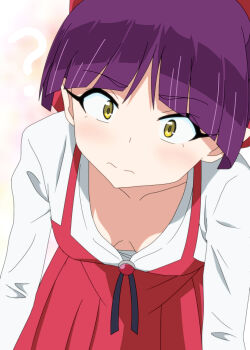 Rule 34 | 1girl, ?, arms at sides, blunt bangs, blush, breasts, brooch, collarbone, downblouse, dress, extended downblouse, female focus, frown, gegege no kitarou, gradient background, highres, jewelry, leaning forward, long sleeves, looking at viewer, nekomusume, nekomusume (gegege no kitarou 6), ogyadya, pink background, purple hair, red dress, shirt, short hair, small breasts, solo, white shirt, yellow eyes