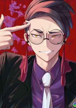 1boy black_jacket collared_shirt corbeau_(pokemon) finger_gun finger_gun_to_head glasses grin highres jacket male_focus necktie nintendo p_0_a pokemon pokemon_legends:_z-a red_background shirt short_hair smile solo splatter twitter_username upper_body yellow_eyes