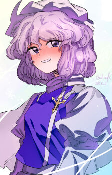 1girl absurdres blush commentary dated hat highres ichirugi letty_whiterock looking_at_viewer nose_blush purple_eyes purple_hair purple_vest shirt short_hair simple_background smile solo touhou twitter_username upper_body vest white_background white_hat white_shirt
