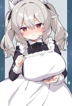 Rule 34 | 1girl, akikan sabako, animal ears, apron, blush, breasts, brown eyes, commentary, cow ears, cow girl, cow horns, frills, grey hair, hair between eyes, hand up, highres, horns, large breasts, long hair, long sleeves, looking at viewer, maid, maid apron, milltina (vrchat), pout, signature, solo, twintails, two-tone background, vrchat