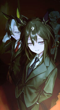 2girls animal_ears black_hair blue_eyes blue_necktie brown_hair dream_journey_(umamusume) formal_clothes glasses gloves green_jacket green_pants hair_between_eyes hands_in_pockets highres horse_ears horse_girl horse_tail jacket long_hair multiple_girls necktie open_mouth pants parted_lips purple_eyes red_necktie seikatsu shirt smile statue stay_gold_(umamusume) suit tail umamusume white_gloves white_hair white_shirt