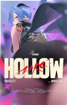 1girl absurdres animal_ears ass ass_focus bare_shoulders blue_hair blur_censor braid breasts censored commentary english_commentary from_behind goat_ears goat_girl goat_horns green_eyes hair_between_eyes highres hood horns huge_ass looking_at_viewer looking_back lucia_elowen paid_reward_available pointy_ears smile solo thick_thighs thighs underbutt yellow_eyes yonesdraws zenless_zone_zero