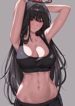 1girl absurdres armpits arms_behind_head arms_up bare_shoulders black_hair black_halo black_shorts black_sports_bra blue_archive blush breasts cleavage closed_mouth collarbone commentary crop_top english_commentary grey_background hair_between_eyes halo highres katrinabluuuuu large_breasts long_hair looking_at_viewer midriff millennium_science_school_logo multicolored_halo navel pink_lips red_eyes rio_(blue_archive) shorts solo sports_bra sportswear two-tone_halo very_long_hair