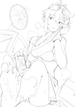 1girl absurdres barefoot bra breasts can cola commentary electric_fan foot_out_of_frame fukana_miyu_(kokuya28) gloves goggles goggles_on_head greyscale highres holding holding_can kokuya_(kokuya28) looking_at_viewer mechanic monochrome open_mouth original short_hair small_breasts soles solo tank_top toes underwear wiping_face wrench