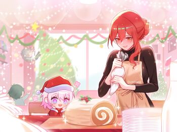 1boy 3girls absurdres aged_down alternate_costume apron black_shirt blue_eyes brown_apron cake christmas christmas_tree commentary dan_heng_(honkai:_star_rail) english_commentary falling food grey_hair hands_on_own_cheeks hands_on_own_face hat highres himeko_(honkai:_star_rail) holding holding_pastry_bag honkai:_star_rail honkai_(series) indoors long_hair long_sleeves march_7th_(honkai:_star_rail) multicolored_eyes multiple_girls open_mouth orange_eyes parted_lips pastry_bag pink_eyes pink_hair plate plate_stack red_hair red_hat reiness_(ureiness) santa_costume santa_hat shirt stelle_(honkai:_star_rail) swiss_roll trailblazer_(honkai:_star_rail) twitter_username two-tone_eyes window yellow_eyes