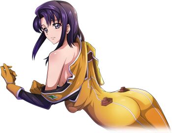 1girl artist_request ass bodysuit breasts cecile_croomy closed_mouth code_geass code_geass:_lost_stories cowboy_shot cropped_legs dressing dutch_angle female_focus from_behind game_cg gloves long_sleeves looking_at_viewer looking_back matching_hair/eyes medium_breasts medium_hair non-web_source off_shoulder official_art orange_bodysuit orange_gloves purple_eyes purple_hair sidelocks simple_background single_bare_shoulder skin_tight solo standing transparent_background