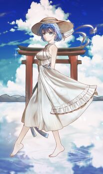 1girl 59ena624 blue_eyes blue_hair blue_sky cloud colorful_festival_(project_sekai) dress frilled_dress frills full_body hat highres kiritani_haruka looking_at_viewer official_alternate_costume official_alternate_hairstyle outdoors project_sekai reflection ripples sky sleeveless sleeveless_dress smile solo sparkle sun_hat torii walking walking_on_liquid water white_dress