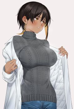 1girl absurdres black_hair blonde_hair blush breasts cable_knit coat colored_inner_hair commentary_request dark-skinned_female dark_skin grey_sweater highres large_breasts looking_to_the_side multicolored_hair nail_polish off_shoulder open_clothes open_coat opened_by_self original padded_coat parted_lips pink_nails short_hair simple_background solo steaming_body sweater turtleneck turtleneck_sweater two-tone_hair upper_body very_long_fingernails white_background white_coat yellow_eyes yuya_(yuya_illust)