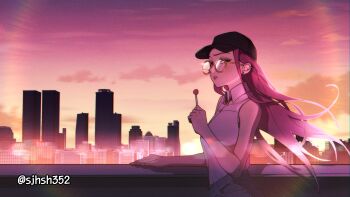 1girl absurdres black_hat building candy collared_shirt commentary floating_hair food hat highres holding holding_candy holding_food holding_lollipop kpop_demon_hunters lollipop looking_at_viewer mira_(kpop_demon_hunters) pink_hair profile round_eyewear shirt sjhsh352 sleeveless sleeveless_shirt solo sunglasses sunset twitter_username