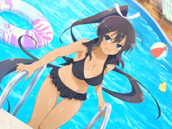 Rule 34 | 1girl, :d, ahoge, aqua eyes, ball, beachball, bikini, bikini skirt, bikini tan, black bikini, black hair, blush, breasts, chair, cleavage, climbing ladder, collarbone, dark-skinned female, dark skin, groin, hair ribbon, high collar, high ponytail, homura (senran kagura), large breasts, linea alba, long hair, looking at viewer, lounge chair, navel, official alternate costume, official art, open mouth, polka dot, polka dot bikini, ponytail, pool, pool ladder, print innertube, ribbon, ripples, rubber duck, senran kagura, senran kagura new link, smile, solo, swimsuit, tan, tanline, very long hair, water, wet, wet clothes, wet swimsuit, white ribbon, wooden floor